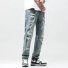 Jovem vitalidade masculino escovado jeans comprimento total lápis calças pintura à mão rasgado calças jeans para homens 35u5 #