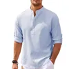 Camicie a maniche Lg da uomo in lino caldo di vendita Cott Primavera Autunno Tinta unita Colletto rialzato Casual Beach Style Plus Size S-5XL 48ZU #