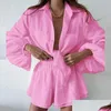 Mulheres Tracksuits Verão Linho Ruffle Shorts Define Mulheres 2 Peças Lanterna Manga Branca Tops Soltos Primavera Boêmio Sólido Fit Outfits B Dhwls