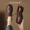 Taoffen Casual Loafers for Women äkta läder Solid Square Heel Anti-halk Tjock Sole Fashion Round Toe Lace-Up Office Shoes 240320