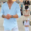2024 Nouveau lin pour hommes T-shirt à manches LG Chemise respirante Couleur unie Casual Basic Coton Lin Chemise Top J8BH #
