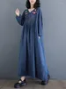 Casual Dresses Denim Oversized Spring Long Dress Women Flower Embroidery Fashion Ethnic Style Ladies Loose Ruffle Pleated Woman