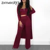 zhymihret 22023 Autumn Winter Ribbed 3 Pieces Set Women Crop Top High Waist Wide Leg Pants Set Lg Sleeve Trench Coat n3SR#