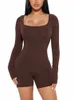 Fi LG Sleeve Bodyc Jumpsuits for Women Short Pants Jumpsuits Rompers Crew Neck Sexy Tights One Piece PlaySuit Romper 24q3#