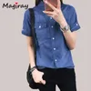 Magiray Harajuku Denim Blusa Mulheres Verão Manga Curta Vintage Jeans Camisa Femme Baggy Botão Bolso Casual Blusa Feminina 316 240328