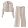 Trafza Women Spring Office Lady Suits短いシングル胸Blazerszipperワイドレッグロングパンツエレガントなカジュアルセット240319