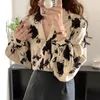 Women's Blouses Elegant Office Lady Tops Loose Women Clothes Autumn Long Lantern Sleeve V-neck Vintage Ink Painted Shirt Satin Blouse 28999