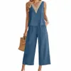 Vrouwen 2-delige effen kleur losse pasvorm jumpsuits outfits Sleevel linnen Butt Back crop top en wijde pijpen broek set met zakken F9bR #