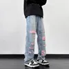 Herrbyxor amerikansk rippade jeans män high street hip-hop casual lös mitt midja rak ben full längd mångsidig mode denim man