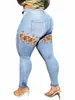 lw Plus Size Casual Street Women Autumn&Winter High Stretchy Solid Bandage Hollow-out Zipper Fly Skinny Design Baby Blue Jeans r9Td#