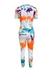 LW Teddy Bear Print Tie Dye Pants Set Women Spring Carto Kort ärm Runda hals Tvåbit kostym Dagliga kläder Tracksuits I9k4#