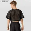 Men's T-Shirts 2023 Fashion Men T Shirt Striped Mesh Transparent O-neck Short Sleeve Camisetas Sexy Loose Streetwear Party Crop Tops24328