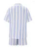 Roupas domésticas cronstyle feminino impressão listrada casual 2 peças pijama define botões de manga curta para camisetas tops shorts calças sono sono