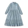 Casual Dresses Japanese Style Vintage Loose Blue Plaid Shirt Dress Spring Long-sleeved Ruffle Cake Long For Students Teens Girls Women