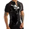 mens Sexy Patent Leather Short-sleeved Shirt Erotic Sha Sheath Tank Shirt Latex Elastic Mesh Short Sleeve PVC Tops Sexi h0C6#