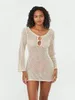 Casual Dresses Fashion Womens Knit Crochet Mini Dress Solid Color Cutout Front V-Neck Long Sleeve Backless For Summer S M L