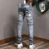 Straat Fi Mannen Jeans Retro Blauw Stretch Skinny Fit Gescheurde Jeans Mannen Geschilderd Designer Kralen Patched Hip Hop Merk broek k2to #