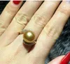 Cluster Rings 11-10mm Genuine Natural South Sea Golden Round Pearl Ring Adjustable