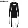 Casual Dresses Sexy Cut Out Lace Up Drawstring Dress 2024 Fashion Elegant Long Sleeve 2 Piece Women Club Party Cape Matching Set