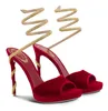 Women's Luxury Summer Walk Margot Red Velvet Sandal Shoe Renecaovilla Crystal Strappy Wraps Around Heels Ankle Lady Party Wedding High Heel Dress Shoes EU35-43 Box