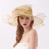 Fashion Summer Organza Beach Hats For Women Elegant Ladies Sun Hat Large Wide Brim Church Kenducky Wedding With Big Flower 240320