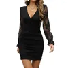Casual Dresses Women Dress See-through Lace Long Sleeve Slim Sheath Elastic V Neck Above Knee Length Mini Party Prom
