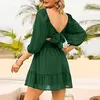 Casual Dresses For Women Lantern Sleeve Square Neck Ruffle Dress Solid Color Slim Fit Chiffon Outfits Temperament Holiday Tunic