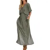 Casual Dresses Three-quarter Sleeve Dress Solid Color Elegant V-neck Split For Women Loose Fit High Waisted Spring