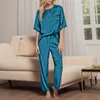 Femmes Satin Soyeux Pyjama Deux Pièces Ensemble Casual Confort Manches Courtes Col Rond Haut Avec Cordon Taille Élastique LG Pantalon Costume h3SM #