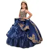 Dunkelblaue Festzugskleider für kleine Mädchen mit goldener Spitze, appliziert, geschwollenen, abgestuften Rüschen, Prinzessin-Ballkleid für Hochzeit, Geburtstag, Kinder, Todder, formelles Partykleid CL3421