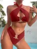 Women's Swimwear 2023 Women Solid Two Pieces Swimsuits Sexy Halter Backless Bikini Set Female Beach Bathing Swimming Suits Mujer Thong Biquini T240328