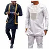 Conjunto de duas peças dos homens novos Poleres Africano Dr Único Breasted Terno Bordado Camisa Branca Calças Conjunto de Casamento A4yl #