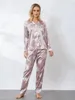 Домашняя одежда Женский атласный пижамный комплект с длинными рукавами, рубашка на пуговицах с принтом павлина и эластичные брюки, одежда для дома из 2 предметов, мягкая одежда для сна