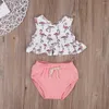 Kläder set 2st/set 2024 Söt född spädbarn baby flicka kläder ärmlös flamingo ruffles t-shirt bloomer bottnar outifts sunsuit