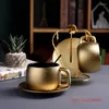 Mugs Top Grade Dubai Noble Luxury Golden Latte Coffee Mug Saucer Set Gold Pottery Frosted Afternoon Teacup Cappuccino Cup Free Holder