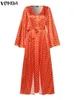 Sukienki swobodne Vonda 2024 Summer Women Satin Maxi sukienka elegancka v szyja nadrukowane bohemian długie rękawowe rozdzielone rąbek retro sundress belted