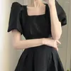 Casual Dresses Women Long Dress Puff Sleeves A Line High midja Slim midja fyrkantig hals Kvamläder Ruffle Elegant Summer Ladies Midi Dati