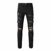 men Snake Embroidery Jeans Skinny Tapered Stretch Denim Pants Streetwear Holes Ripped Leather Patch Patchwork Trousers Black Y3tp#