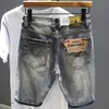 män grå denim shorts hål jeans elastiska avslappnade shorts hög kvalitet manlig stretch cott denim jeans shorts knä längd jeans q1hg#