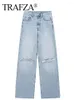 Frauen Jeans TRAFZA Weibliche Fashoin Casual Blau Baggy Ripped Denim Hosen Frau Hohe Taille Breite Bein Y2K Hosen Mujer