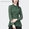 Women's Blouses Vintage Hollow Out Floral Sequined Green Lace Top Womens Long Sleeve Mandarin Collar Shirts Elegant Slim Spring Summer