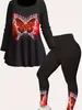 women Matching Set Lg Sleeve Spring Plus Size Christmas Black Butterfly Print Two Piece Top and Pants Casual Elastic Outfits G7VP#
