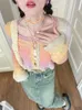 Deeptown Y2K Eesthetic Rainbow Croped Cardigan Women Harajuku Vintage Hollow Out Knitted tröja Korean Slim Flare Sleeve Tops Z5B0#