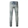 Mäns Cracked Patch Biker Jeans Streetwear Pleated Patchwork Stretch Denim Pants Holes Ripped Districed Skinny avsmalnande byxor R0PE#