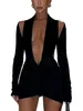 Casual Dresses Women Bodycon Dress Long Sleeve V Neck Backless Pleated Solid Slim Fit For Cocktail Party