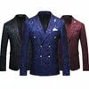 Royal Blue Double-Breasted Pak Jacket Heren Wedding Busin Dr. Coat Fi Trim Men Blazer Red Green Costume Homme 3XL A5N9#