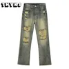 High Street Retro Rasgado Jeans Homens Harajuku Estilo Preppy Calças de Perna Larga Baggy Straight Causal Denim Calças Homens Ins 2023 H7jA #