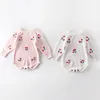 Combinaisons pour bébés filles, barboteuse en tricot, broderie cerise, manches longues, boutons, vêtements chauds de printemps pour tout-petits, 240328