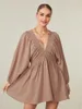 Casual Dresses Women Long Sleeve Deep V Neck Tunic Dress Loose Flowy Mini Swing Shift Smocked With Pockets