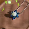 Chaînes 925 Sterling Argent Émail Bleu Lotus Fleur Collier Naturel Hetian Blanc Jade Pendentif Frais Style Classique Bijoux Pour Femmes